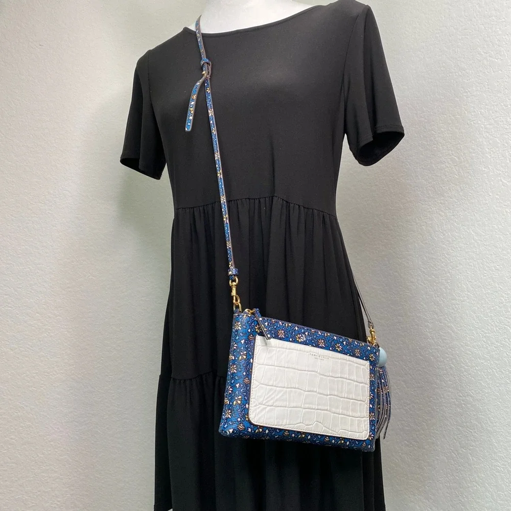 Tory Burch Colorblock Leather Tassel Convert. Crossbody‎ Clutch Blue Wild Pansy
